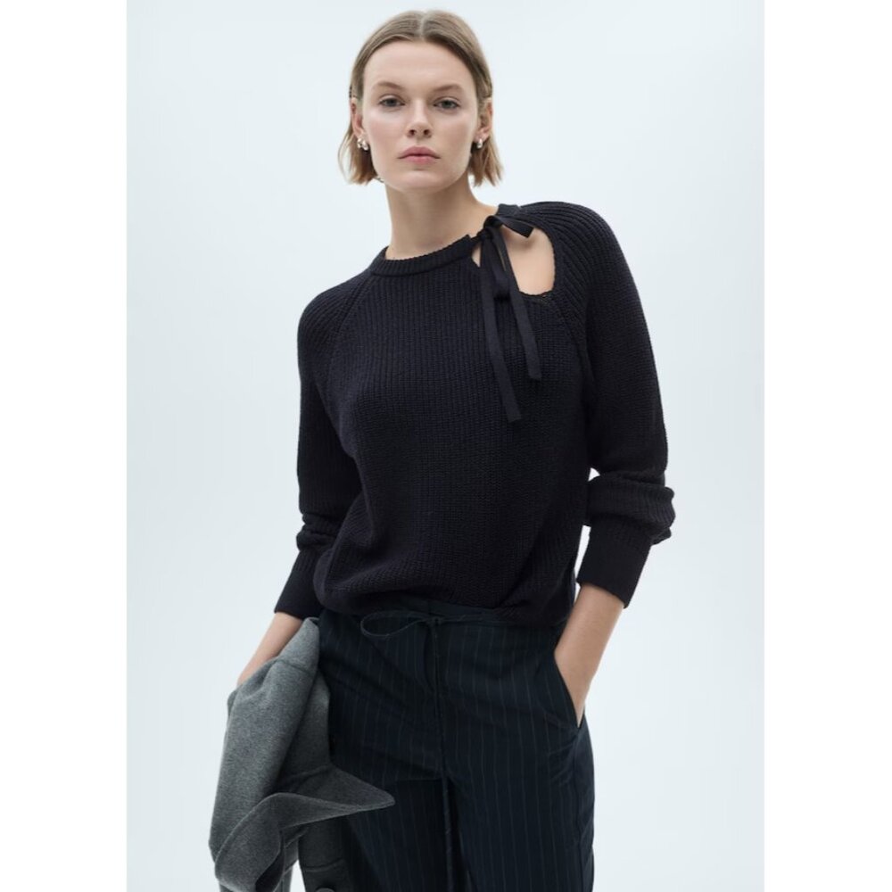 Mango Black Crewneck Sweater with Shoulder Tie Detail